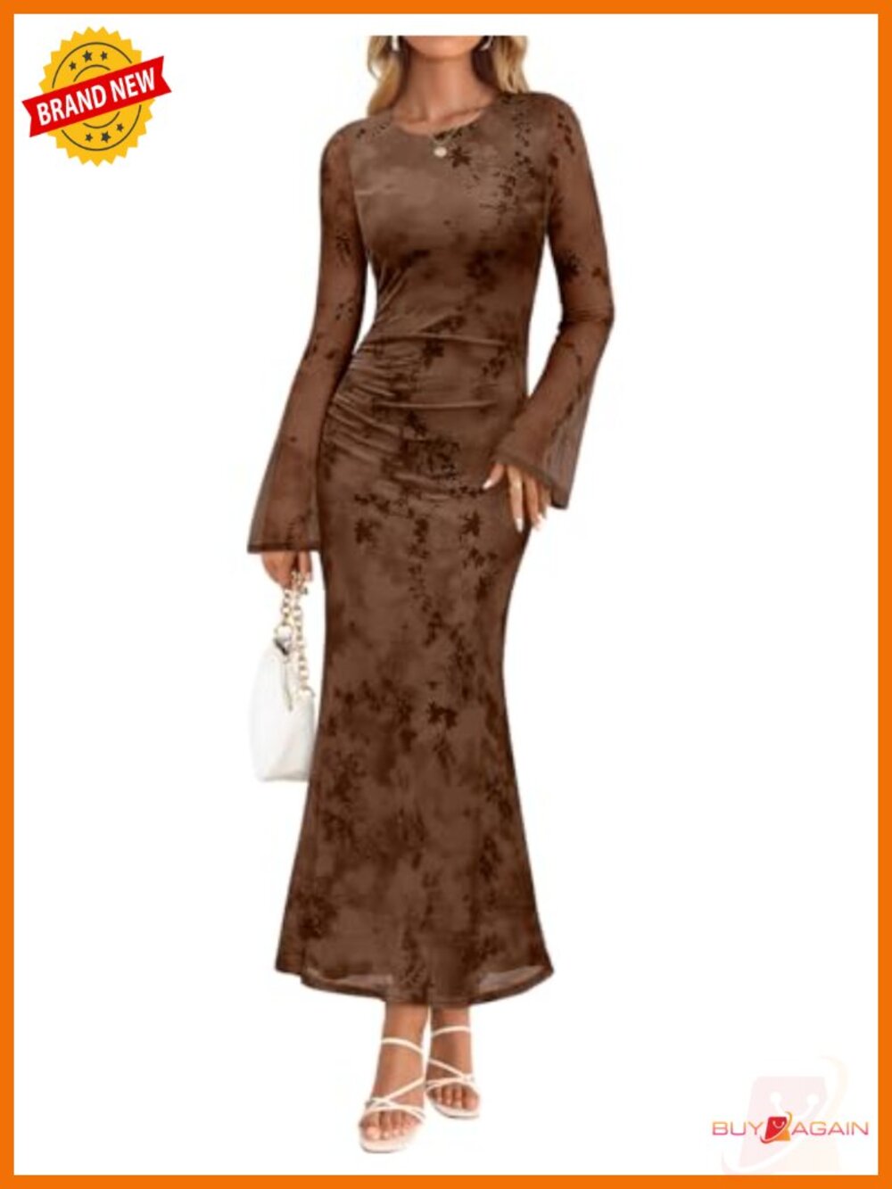 Womens Long Sleeve Floral Mesh Bodycon Ruched Maxi Formal Dress